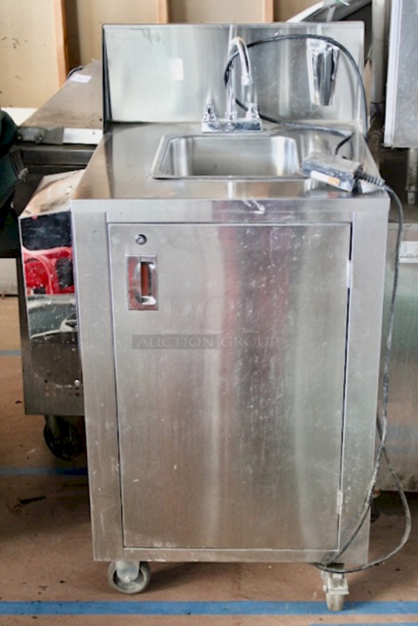 AMAZING! Crown Verity CV-PHS-4C Space Saver Single Bowl Cold Water Portable Hand Sink Cart, With Electric  Pump & Hands Free Pump Saver Foot Pedal, Soap Dispenser Holder and Paper Towel Dispenser On Commercial Casters. Keys Not Included. 120v 25x24-1/4x47-3/4 - Image 1 of 11