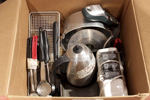 ALL-4-1!!! Box Of Miscellaneous Kitchen Wares. Includes Electric Knife Sharpener, Kettle, Serving/Portion Spoons, Trays and More.  - Image 1 of 1