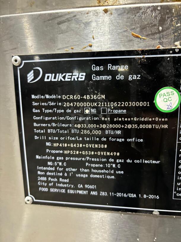 Dukers DCR60-4B36GM 60″ Commercial Gas Range, Four Open Burners, 36″ Griddle
 - Image 4 of 6