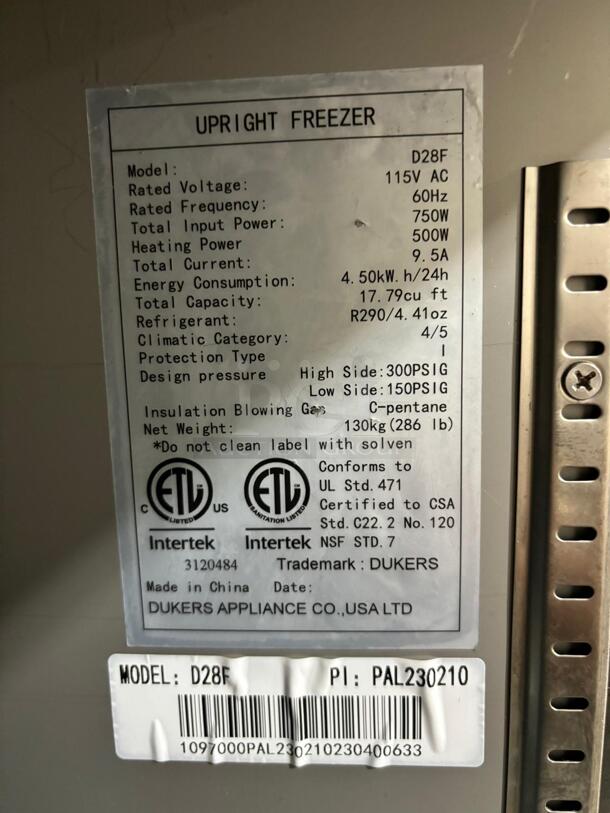 Dukers D28F 1/2 HP One-Section Reach-In Freezer - 110v/60/1-PH - 110 Volts
 - Image 6 of 6