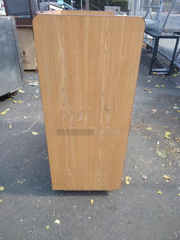 "THANK YOU!" LAMINATED WOODEN DOUBLE RESTAURANT TRASH CAN WITH CABINETS AND TRAY TOP
 - Image 2 of 5