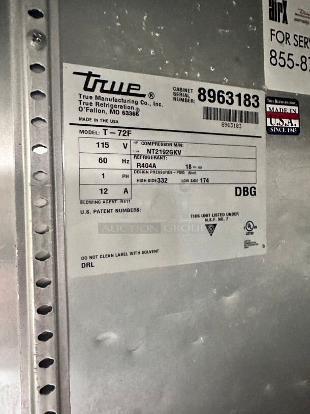 Late Model True T-72F 78" Solid Door Reach-In Freezer 115 Volt Working - Image 8 of 9