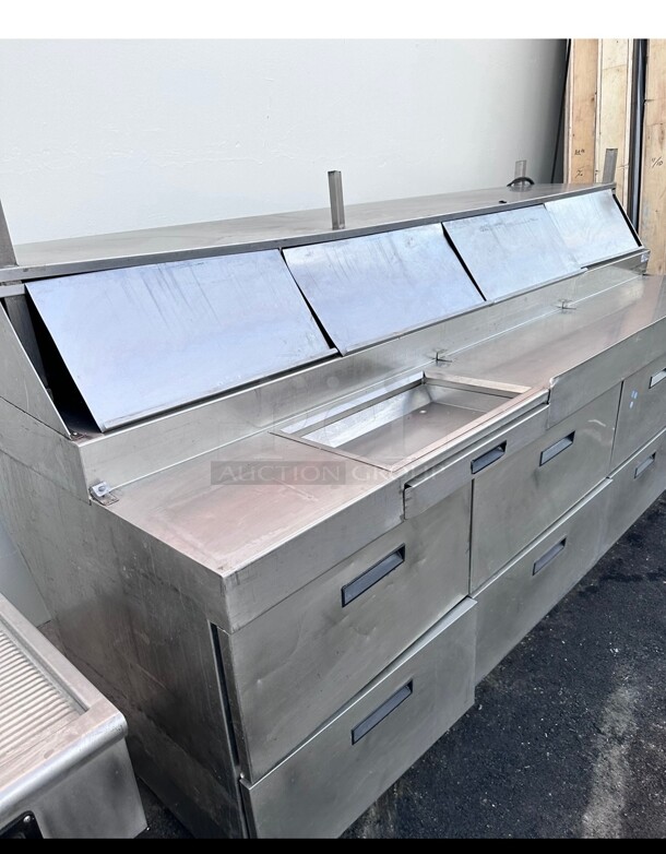 Working Delfield F18RC114 114 inch Three Door Refrigerated Pizza Prep Table - Image 7 of 8