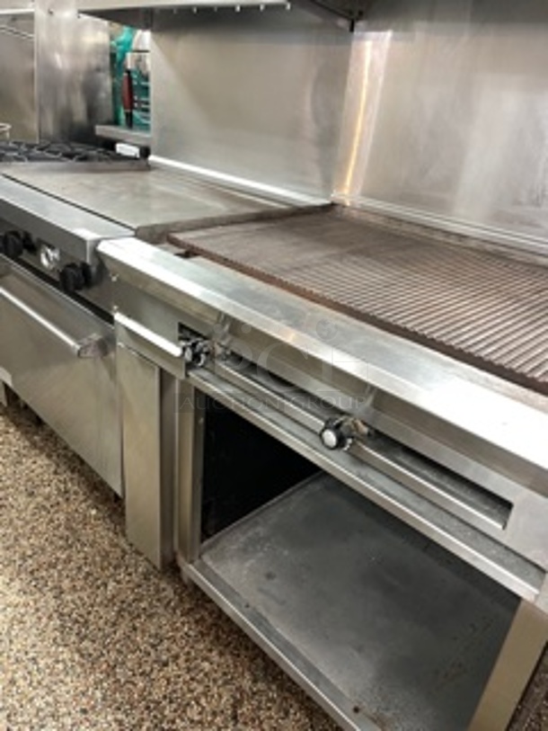 American Range 36 inch Natural Gas Commercial Grooved Griddle Thermostatic Control NSF with Over shelf  Highly Polished 1 - Image 2 of 4
