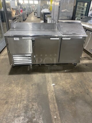 Leader Commercial Refrigerated Sandwich Prep Table! With Back Splash! With 3 Door Storage Space Underneath! Poly Coated Racks! All Stainless Steel! On Casters! Model: LM72S/C SN: PR010562 115V 60HZ 1 Phase