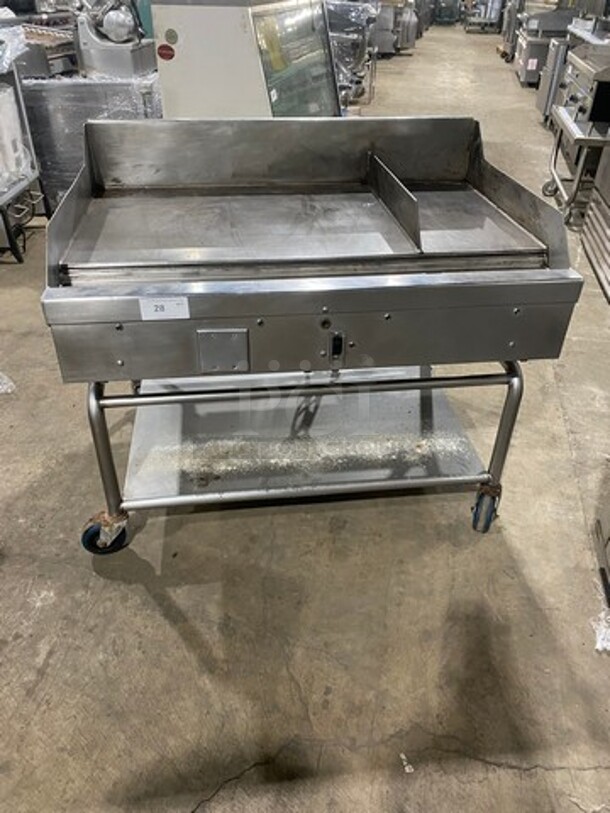 Woodstone Commercial Natural Gas Powered Flat Griddle! With Split Top! With Back & Side Splashes! On Equipment Stand! With Storage Space Underneath! All Stainless Steel! On Casters!