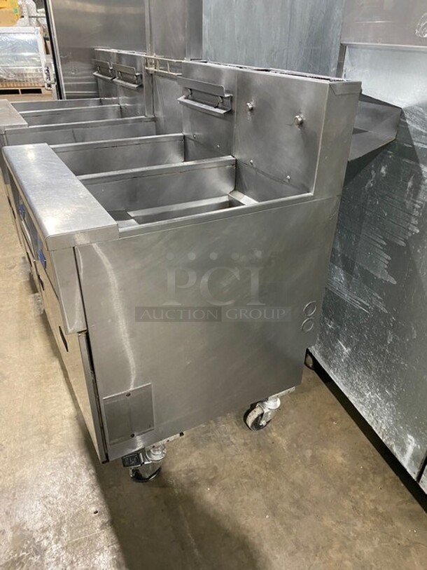 FAB! Pitco Frialator Commercial Natural Gas Powered 4 Bay Deep Fat Fryer! With Middle Fryer Basket Rack! With Oil Filter System! All Stainless Steel! On Casters! Model: SGH50 SN: G10DA010387 - Image 2 of 12