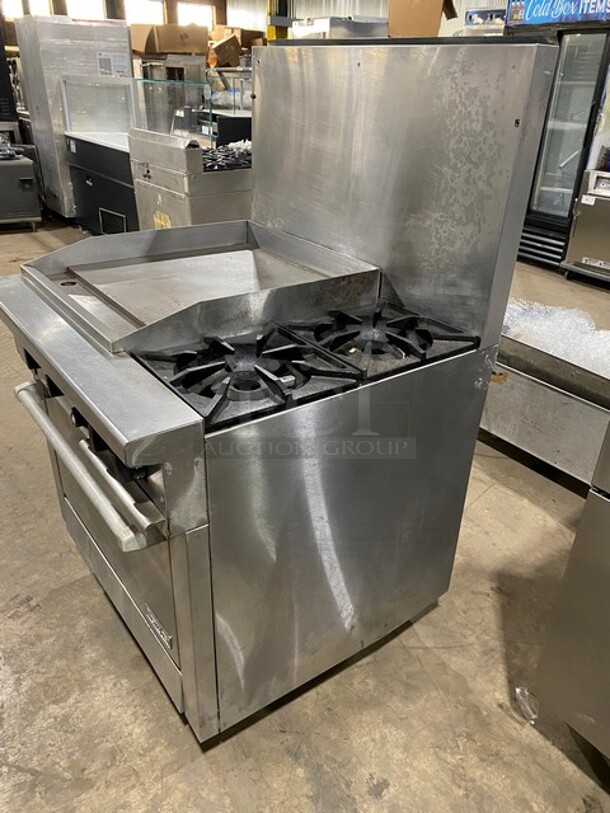 Therma-Tek Natural Gas Powered 2 Burner Range Split Top With Flat Griddle & Oven Underneath! All Stainless Steel! With Back Splash! On Legs! Model TMDS36-24G-2-1N SN: 11K02659C!
 - Image 4 of 11