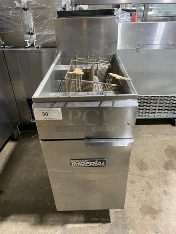 Imperial Commercial Natural Gas Powered Deep Fat Fryer! With Backsplash! With 2 Metal Frying Baskets! All Stainless Steel! On Legs! - Image 1 of 8