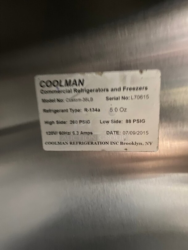 Coolman Commercial 2 Door Refrigerated Lowboy/Worktop Cooler! All Stainless Steel! On Casters! 120V! Model: Custom-36LB SN: L70615! - Image 6 of 6