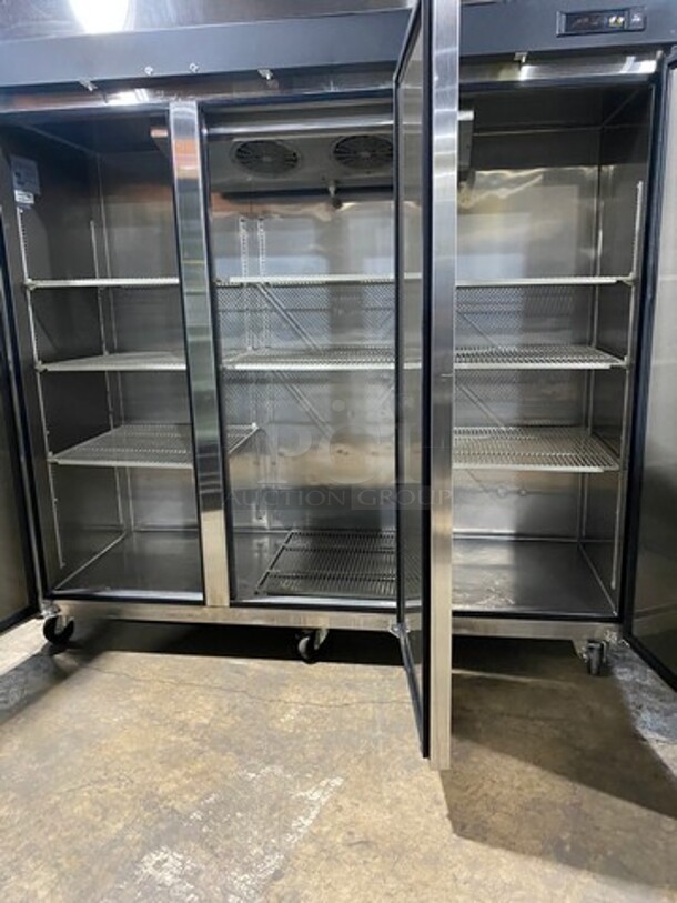COOL! Turbo Air Commercial 3 Door Reach In Cooler! Poly Coated Racks! All Stainless Steel! On Casters! Model:M3F723 SN: M3F7L85018 115/208/230V 60HZ 1 Phase! Working When Removed! - Image 5 of 10
