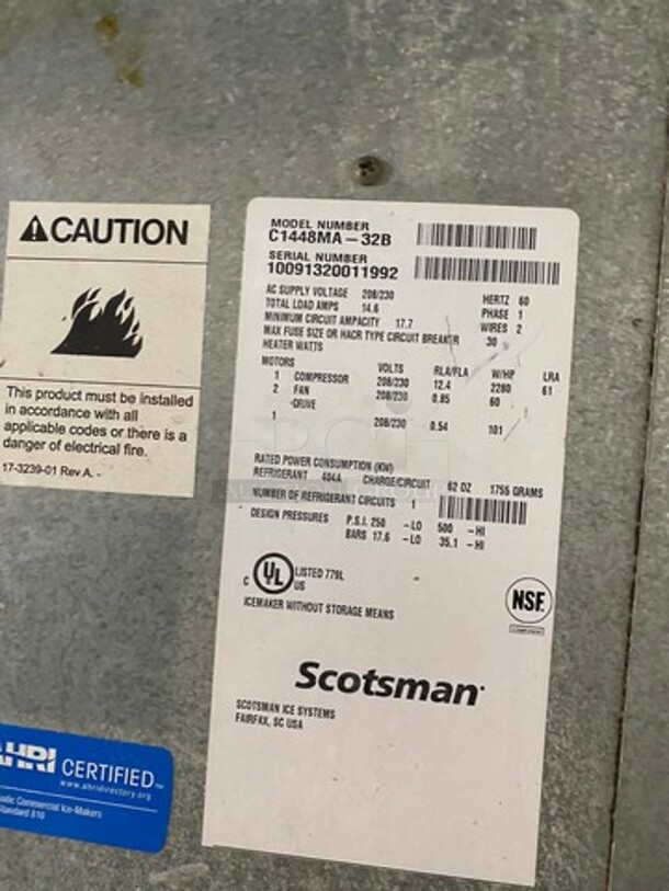 Scotsman Commercial Ice Maker Machine! With Commercial Ice Bin! All Stainless Steel! Model: C1448MA32B SN: 10091320011992 208/230V 60HZ 1 Phase - Image 5 of 7