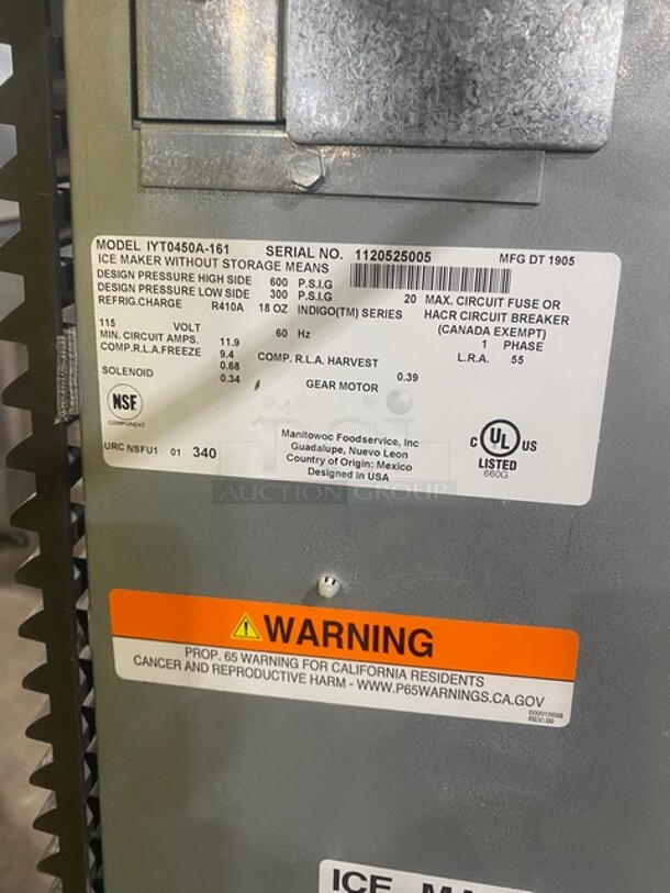 Nice! Late Model! 2019 Manitowoc Commercial AIR COOLED Ice Maker! On Ice Bin! All Stainless Steel! 115V 1 Phase! Model IYT0450A161 Serial 1120525005!  - Image 6 of 9