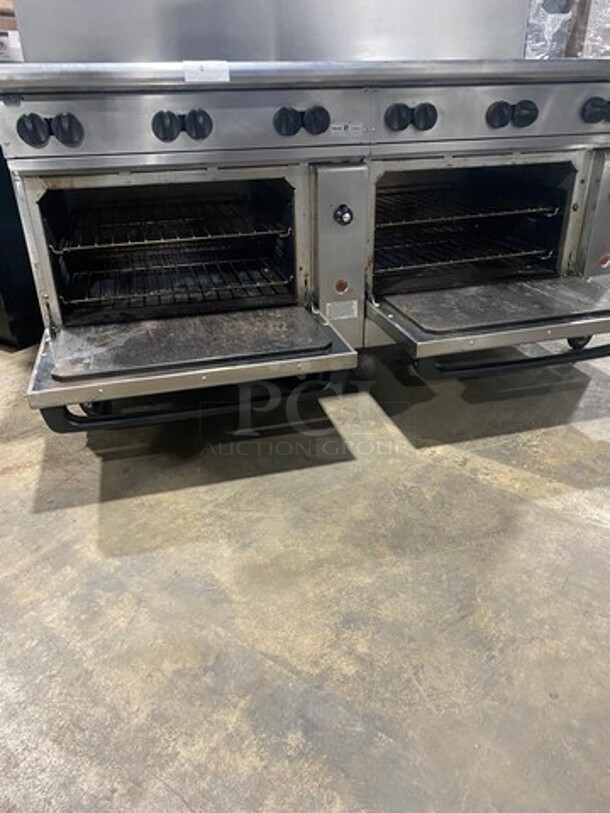 Vulcan Commercial Natural Gas Powered 12 Burner Stove! With Raised Back Splash And Salamander Shelf! With 2 Oven Underneath! All Stainless Steel! On Casters! WORKING WHEN REMOVED! Model: G72SS1AA SN: 659011300 - Image 7 of 11