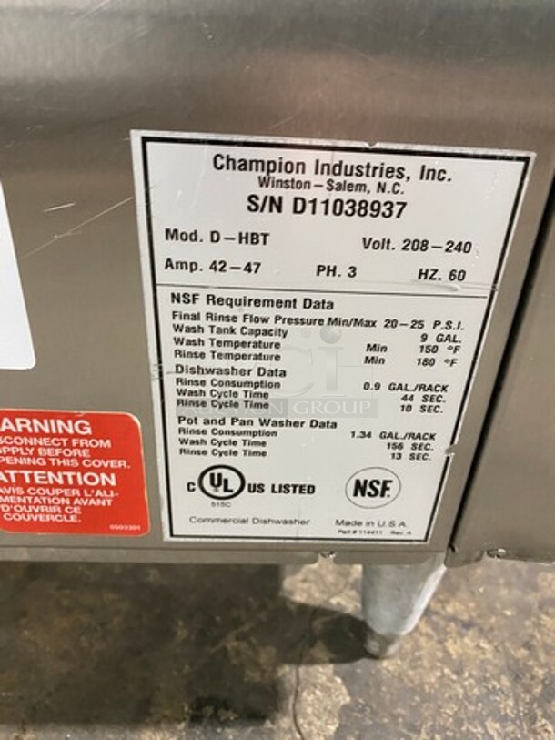 Champion Commercial Pass-Through Dishwasher Machine! All Stainless Steel! On Legs! With Right Side Dishwasher Table! With Back And One Side Splash! Model: DHBT SN: D11038937 208/240V 60HZ 3 Phase - Image 9 of 10