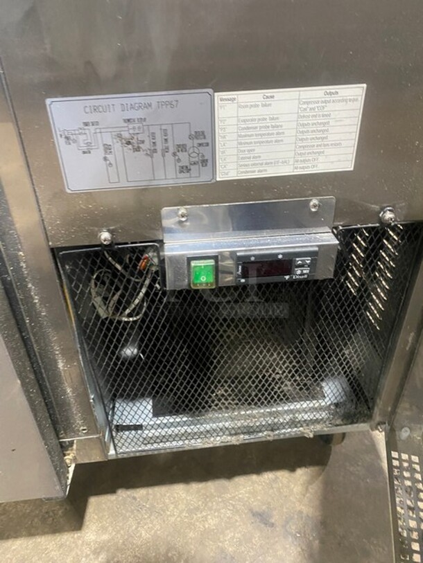 Sweet! LATE MODEL! Central Commercial Refrigerated Pizza Prep Table! With Full Length Removable Cutting Board! With 2 Door Refrigerated Storage Underneath! With Poly Coated Racks! 115V 1 Phase! Model: 69K014 SN: 8060492! On Commercial Casters! Working When Removed!  - Image 11 of 12