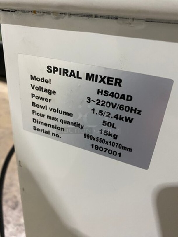 WOW! Two Thousand Commercial Floor Style Spiral Dough Mixer! With Spiral Hook Attachment! Stainless Steel Mixing Bowl And Bowl Guard! Model: HS40AD SN: 1907001 220V - Image 7 of 8