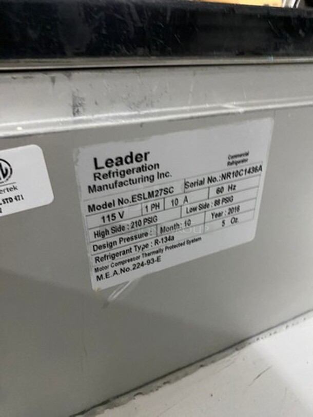 2016 Leader Commercial Refrigerated Sandwich Prep Table! With Single Door Underneath Storage Space! All Stainless Steel! On Casters! Model: ESLM27SC SN: NR10C1436A 115V 60HZ 1 Phase - Image 8 of 9