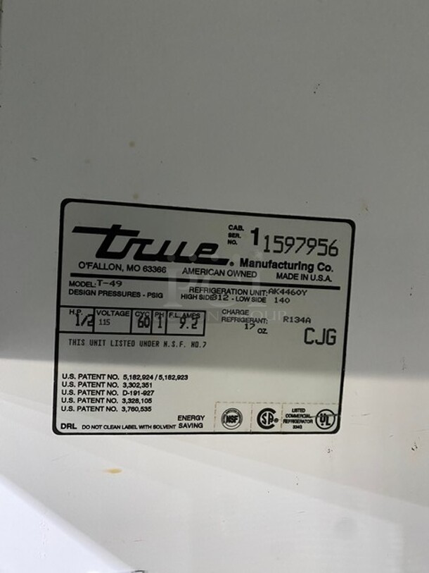 NICE! True Commercial 2 Door Reach In Cooler! Poly Coated Racks! All Stainless Steel! On Casters! Working When Removed! Model: T49 SN:1597956 115V 1PH - Image 6 of 10