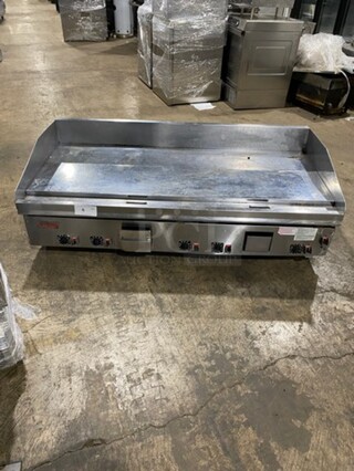 AWESOME!  LATE MODEL! LANG Commercial Countertop Natural Gas Powered Thermostatic Controlled Mirror Shine 60 Inch Flat Top Griddle! With Back And Side Splashes! All Stainless Steel!