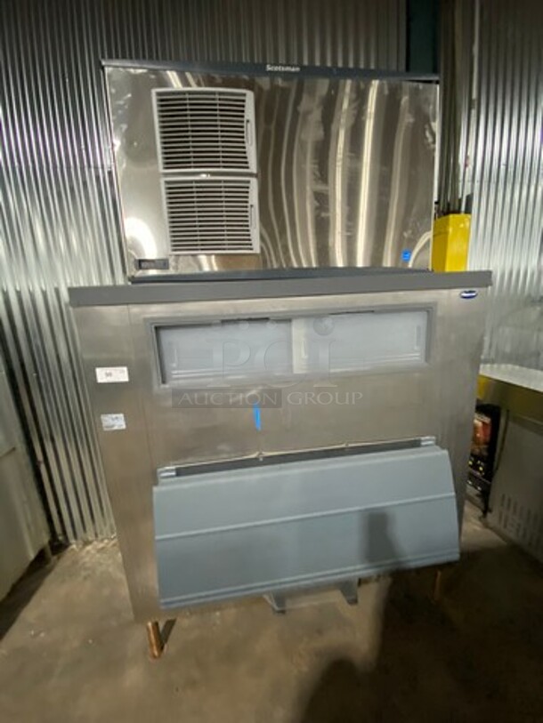 Scotsman Commercial Ice Maker Machine! On Follet Commercial Ice Bin! All Stainless Steel Body! On Legs! Model: C1448SA32E SN: 17061320012199 208/230V 60HZ 1 Phase, Model: DEV1475SG60 SN: E2491535013