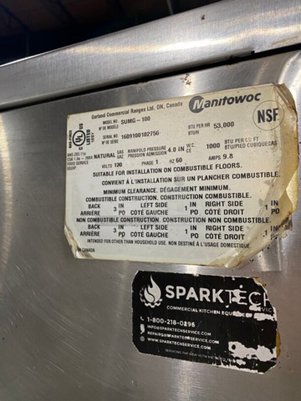 (x2) Great! US Range/Garland Commercial Natural Gas Powered Double Stacked Convection! Summit Series! With View Through Doors! With Metal Racks! Model SUMG100 Serial 1609100102756! On Legs! 2 X Your Bid Makes One Unit! - Image 7 of 12