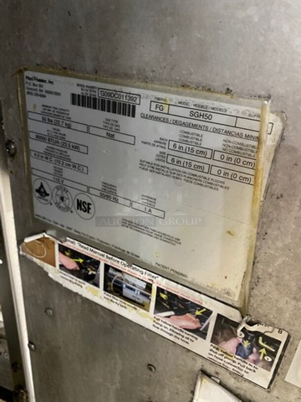 FAB! Pitco Frialator Commercial Natural Gas Powered 3 Bay Deep Fat Fryer! With Middle Fryer Basket Rack! With Oil Filter System! All Stainless Steel! On Casters! Model: SGH50 SN: G09DC011392 - Image 10 of 12