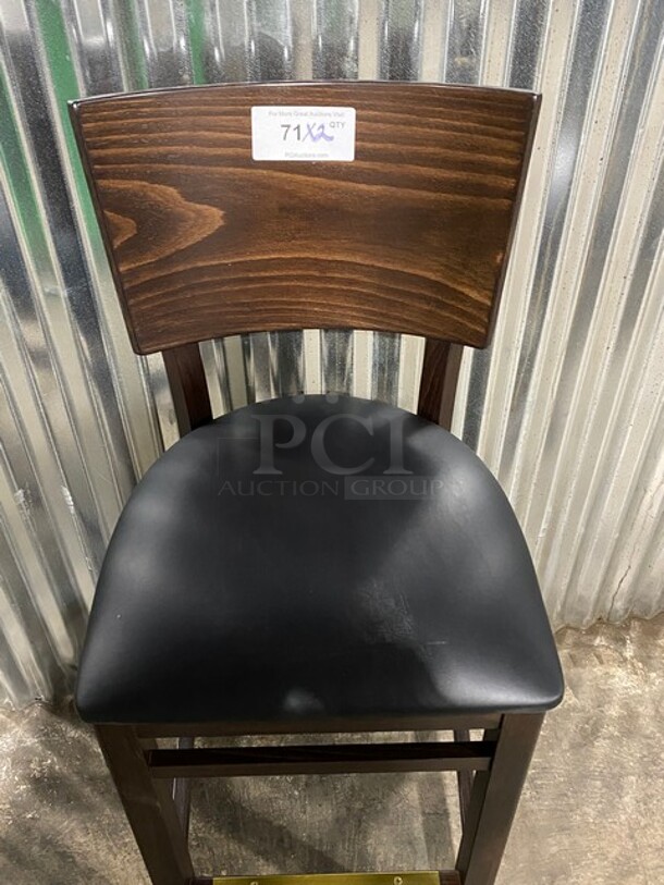 NICE! BRAND NEW!  Square Back Walnut Solid Wood Restaurant Bar Stool With Black Vinyl Seat! 2x Your Bid! - Image 5 of 7