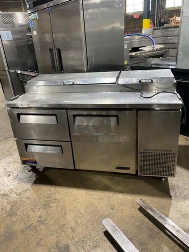 Turbo Air Commercial Refrigerated Pizza Prep Table! With 2 Drawer And Single Door Storage Space Underneath! All Stainless Steel! On Casters! Model: TPR67SDD2 115V 60HZ 1 Phase