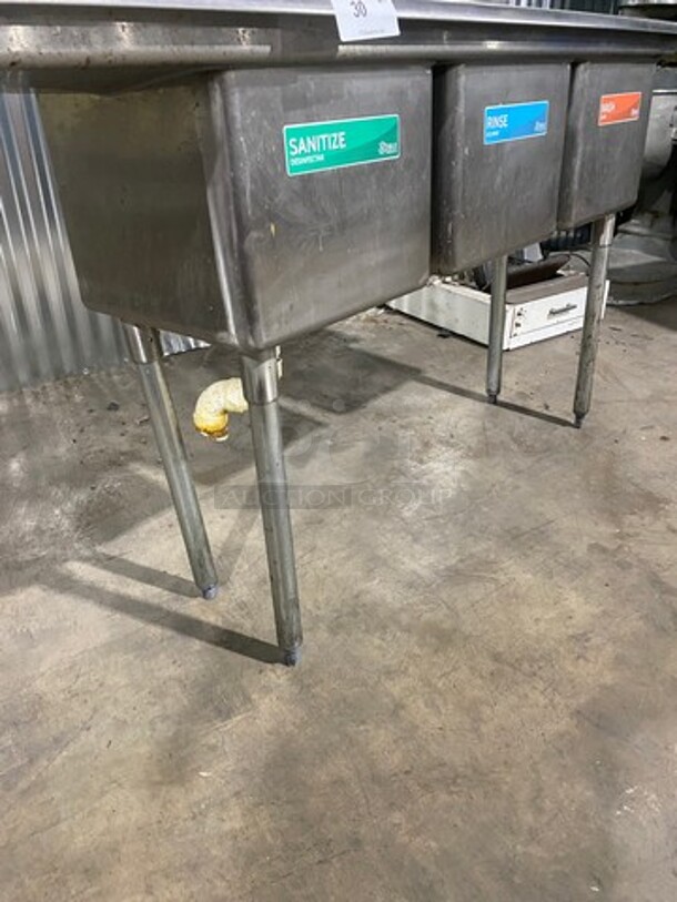 Commercial 3 Compartment Dish Washing Sink! With Single Side Drain Board! With Back Splash! All Stainless Steel! On Legs! - Image 7 of 9
