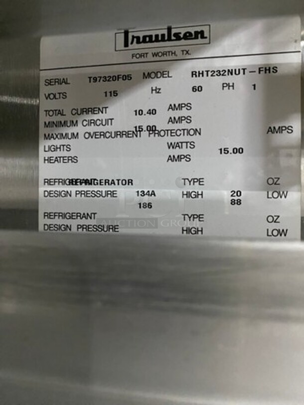 Traulsen Commercial 2 Door Reach In Cooler! All Stainless Steel! On Legs! Model: RHT232NUTFHS SN: T97320F05 SN: 115V 60HZ 1 Phase - Image 8 of 10
