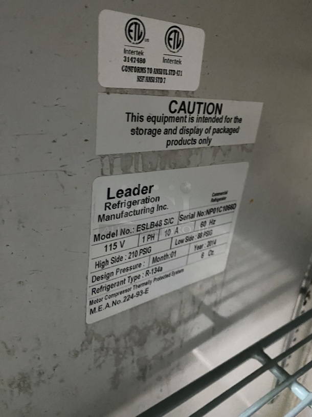 LEADER Stainless Steel 2 Door Reach In Refrigerator/Storage Space W/ 2 Stainless Steel Top Shelves! On Casters! Model ESLB48S/C Serial NP01C10660 115V/60Hz/1 Phase - Image 6 of 8