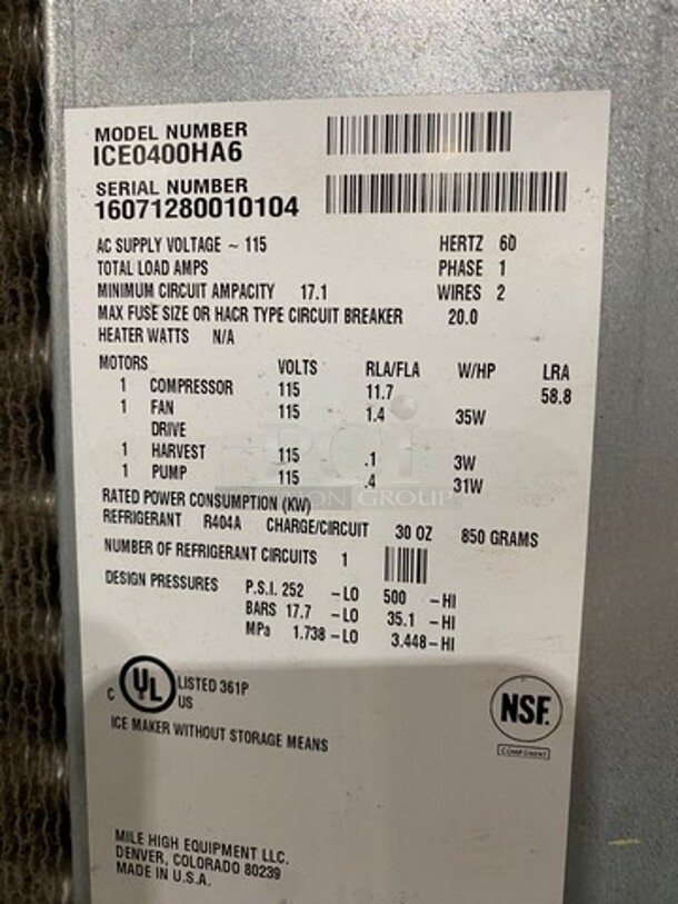 Ice-O-Matic Commercial Ice Maker Machine! With Commercial Ice Bin! All Stainless Steel! On Legs! Model: ICE0400HA6 SN: 16071280010104 115V 60HZ 1 Phase, Model: B40PSA SN: F30038138Z - Image 5 of 8