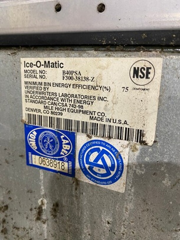 Ice-O-Matic Commercial Ice Maker Machine! With Commercial Ice Bin! All Stainless Steel! On Legs! Model: ICE0400HA6 SN: 16071280010104 115V 60HZ 1 Phase, Model: B40PSA SN: F30038138Z - Image 6 of 8