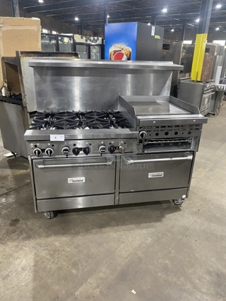 BEAUTIFUL! GARLAND All Stainless Steel Natural Gas Powered 6 Burner Range W/ Raised Right Side Flat Top W/ Cheese Melter! With 2 Ovens W/ Metal Racks! With Raised Over Back Splash & Slamander Shelf! On Commercial Casters! Working When Removed!