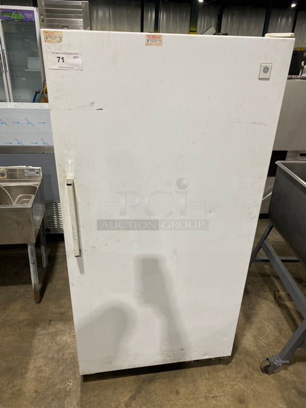 General Electric Single Door Reach In Freezer! With Shelves And Poly Coated Racks! Model: FUF17DACRWH SN: TT168914 100/115V 50/60HZ
