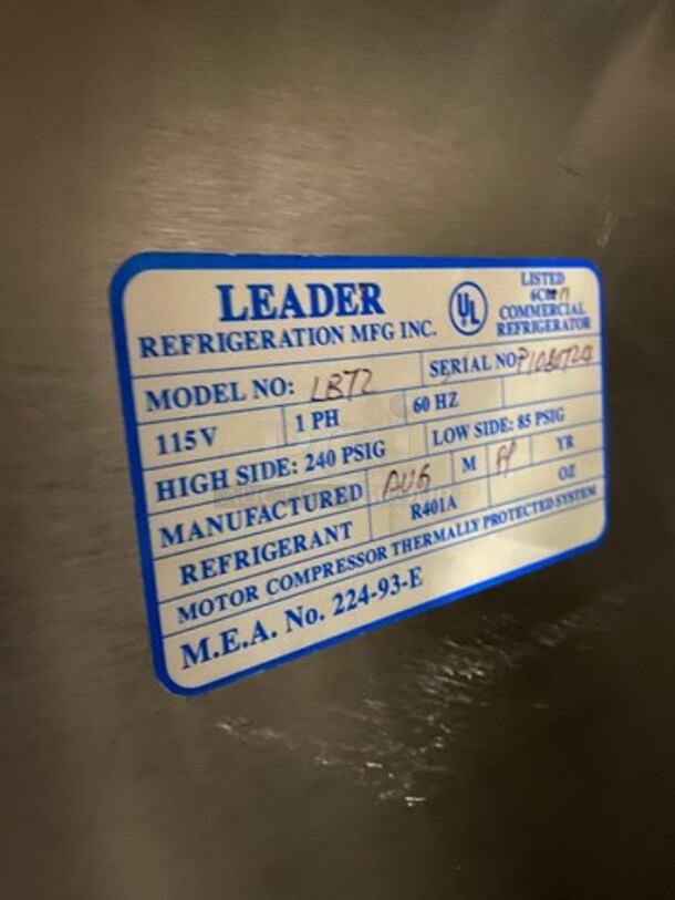 Leader Commercial 3 Door Under The Counter/ Work Top Cooler! With Poly Coated Racks! All Stainless Steel! On Legs! Model: LB72 SN: P1080724 115V 60HZ 1 Phase - Image 7 of 7