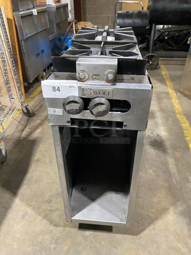 Wolf Commercial Natural Gas Powered 2 Burner Range! With Storage Space Underneath! All Stainless Steel! On Casters! Model: FB12 - Image 1 of 11