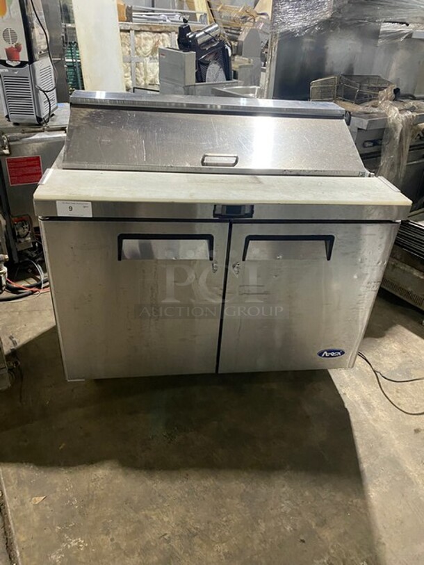 Atosa Commercial Refrigerated Mega Top Sandwich Prep Table! With Commercial Cutting Board! With 2 Door Storage Space Underneath!  All Stainless Steel! On Casters! MODEL MSF8302 SN:MSF8302AUS100317022300C40028 115V 1PH