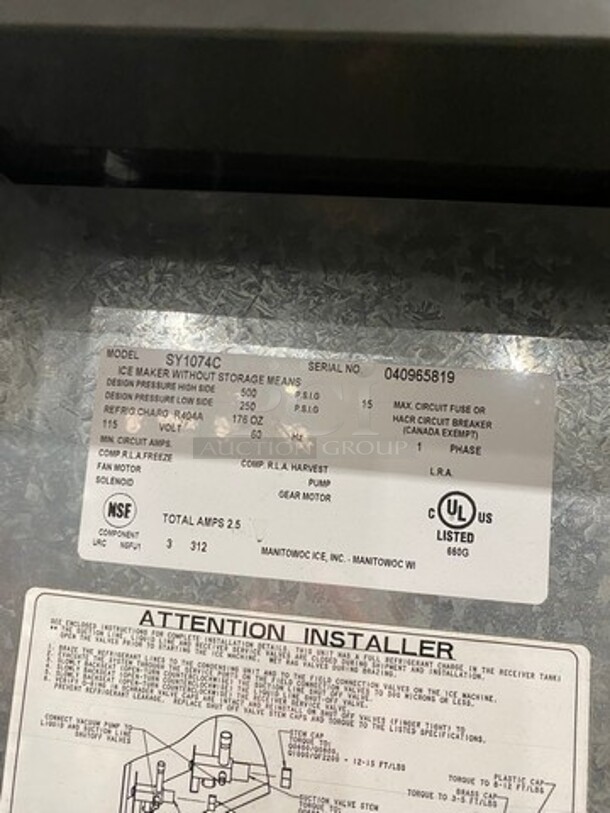 Manitowoc Commercial Ice Maker Machine! With Commercial Ice Bin! Stainless Steel! On Legs! Model: SY1074C SN: 040965819 115V 60HZ 1 Phase - Image 5 of 7