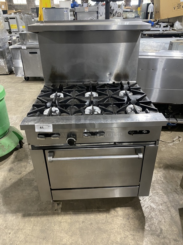 Sunfire All Stainless Steel Natural Gas 6 Burner Stove! With an Underneath Full Size Oven! And a Back Splash And Salamander Shelf! On Casters! Model X366R! - Image 1 of 8