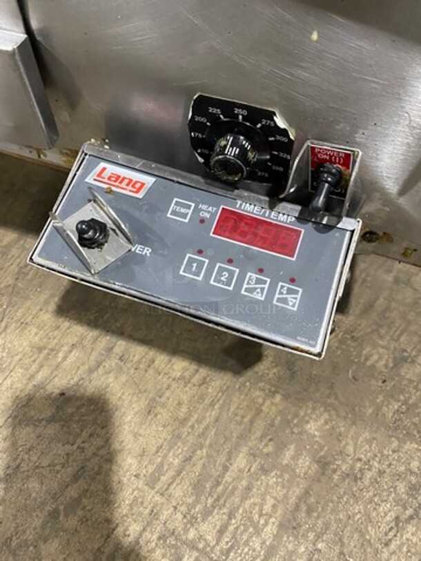LANG  Commercial Countertop Natural Gas Powered Flat Top Griddle With Clamshell Flat Hood Press! With Thermostatic Controls! Built In Hood! With Back And Side Splashes! All Stainless Steel! Model: 236SCHENSH On Legs! - Image 7 of 8