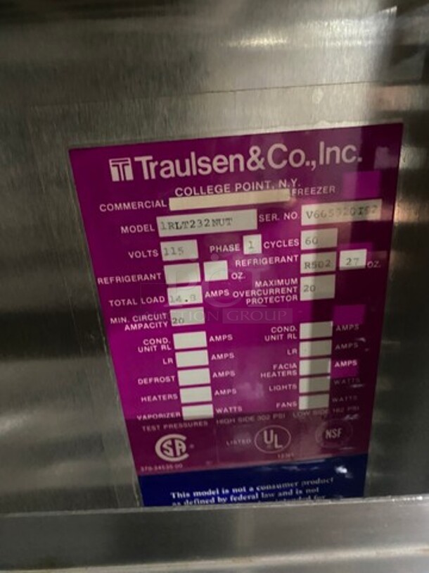 AWESOME! TRAULSEN Commercial Two Section Reach In Freezer! With Built In Pan Rack! All Stainless Steel! (2) Solid Doors! Model 1RLT232NUT 115V/60Hz/1 Phase - Image 7 of 9