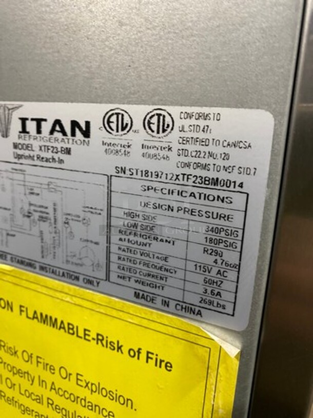 Titan Commercial Single Door Reach In Freezer! All Stainless Steel! On Casters! Model: XTF23BM Sn: ST1819712XTF23BM0014 115V - Image 9 of 10