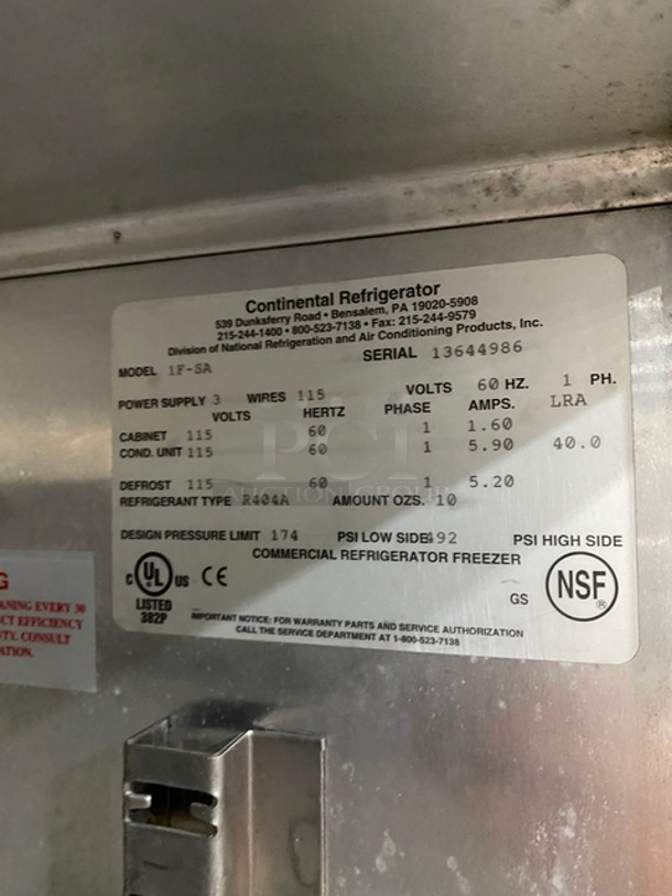 SWEET! Continental Commercial Single Door Reach In Freezer! All Stainless Steel! Model: 1FSA SN: 13644986 115V 60HZ 1 Phase - Image 7 of 9