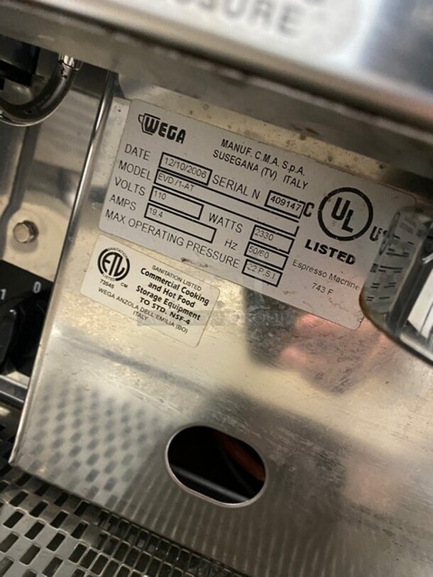 Wega Commercial Countertop Cappuccino/Espresso Machine! All Stainless Steel! Model: EVD1AT SN: 409147 110V - Image 8 of 10
