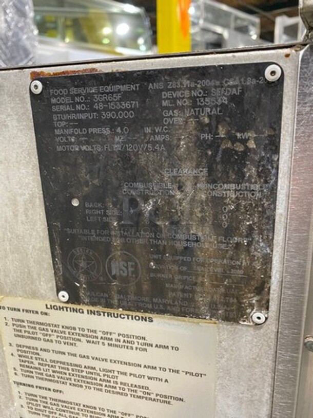 WOW! Vulcan Commercial Natural Gas Powered 3 Bay Deep Fat Fryer! All Stainless Steel! On Casters! Model: 3GR65F SN: 481533671 - Image 10 of 12