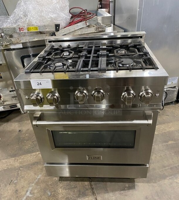 Zline Commercial Gas Powered 4 Burner Stove! With Oven Underneath! Stainless Steel! On Legs! MODEL RG30 SN:20062976049 120V - Image 1 of 10