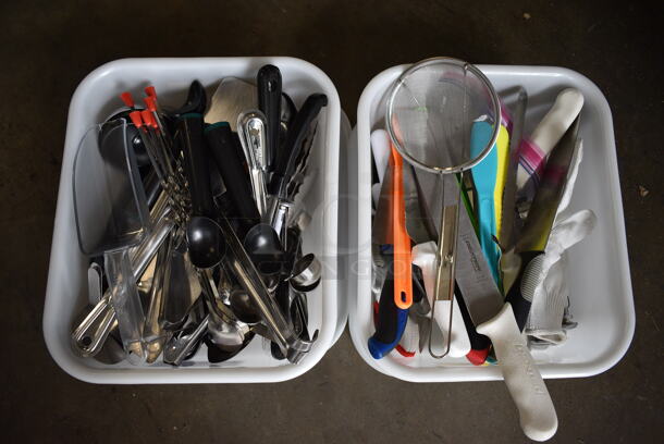 ALL ONE MONEY! Lot of 2 Poly Bins of Utensils Including Tongs, Skimmer, Knives and Scoopers