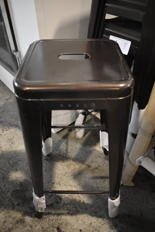 2 BRAND NEW SCRATCH AND DENT! Lancaster Table & Seating Alloy Series Copper Stackable Metal Indoor / Outdoor Industrial Tolix Style Barstool with Drain Hole Seat. 16.5x16.5x30. 2 Times Your Bid!